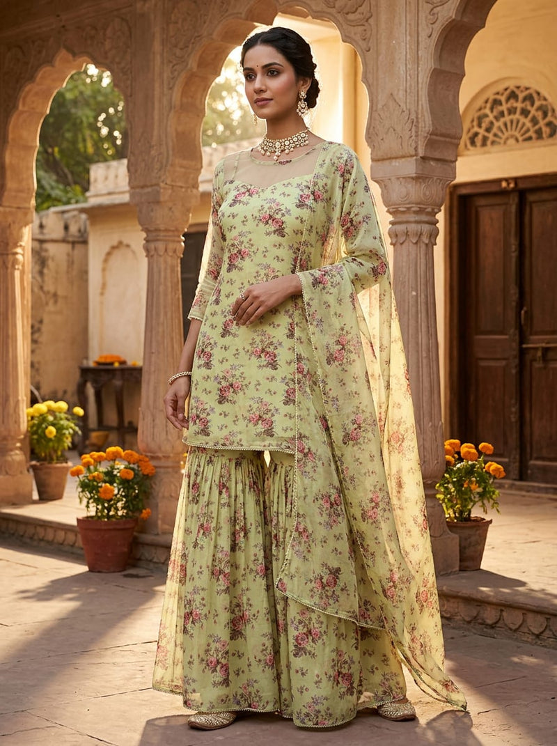 Yellow Vintage Floral Bouquet Upada Silk Digital Printed Fabric