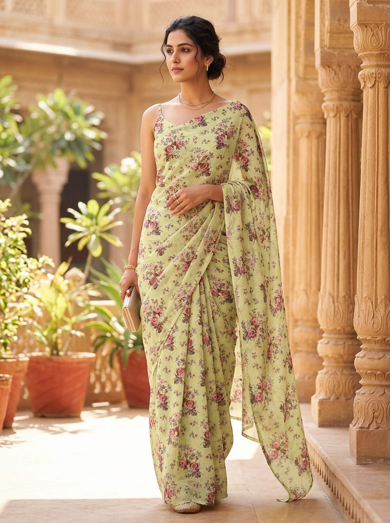 Yellow Vintage Floral Bouquet Upada Silk Digital Printed Fabric