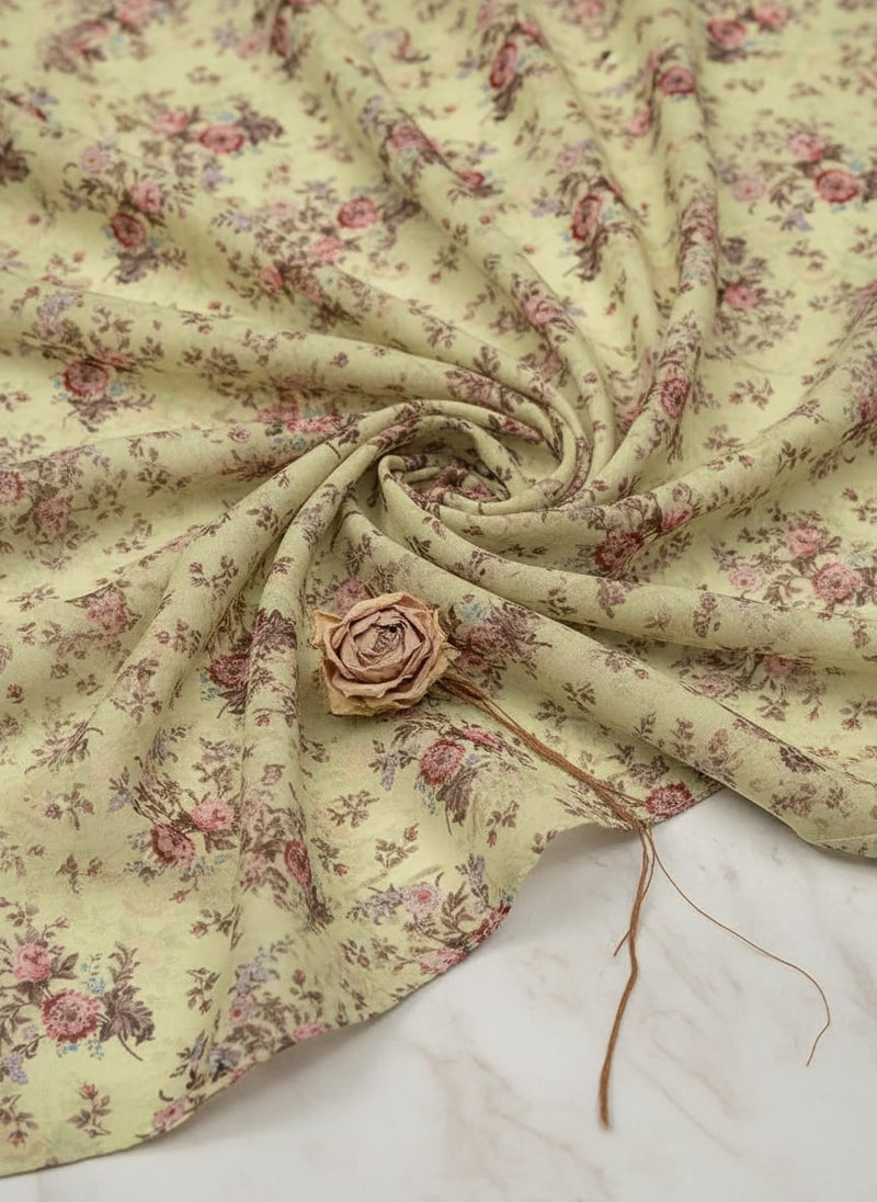 Chrysanthemum And Roses Bunch Digital Printed Fabric - Pure Georgette