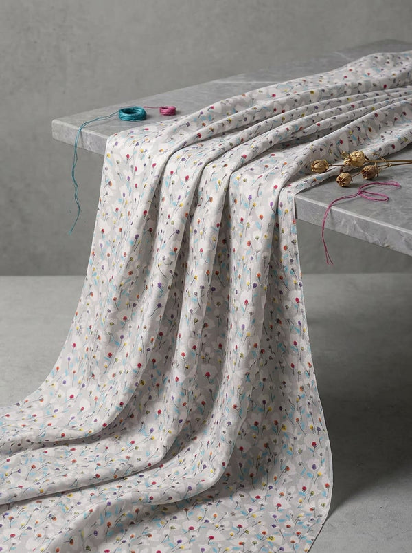 Grey Colorful Ditsy Floral Upada Silk Digital Printed Fabric - Fabric Editorial Studio Flatlay Lookbook - US-0-TA08798-110