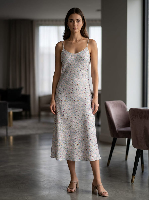 Grey Colorful Ditsy Floral Upada Silk Digital Printed Fabric - Slip Dress Lookbook - US-0-TA08798-110 - alternate view