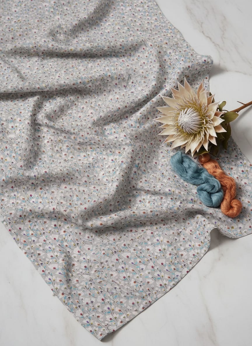 Grey Colorful Ditsy Floral Buds Pure Georgette Digital Printed Fabric