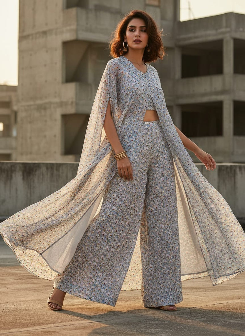 Colourful Flower Chintz With Small Leaves Digital Printed Fabric - Pure Georgette
