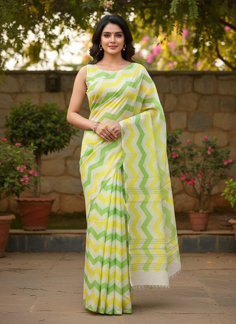 Endless Zigzag Pattern Digital Printed Fabric - Kora Silk