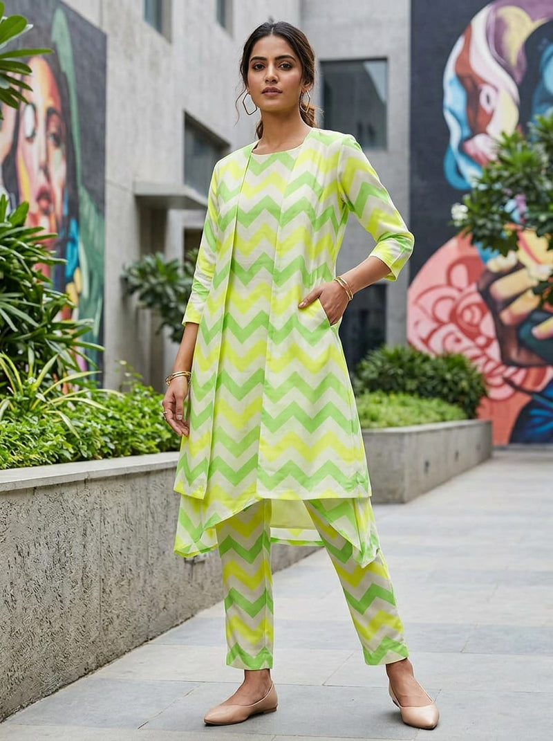 Multicolor Geometric Chevron Stripes Kora Silk Digital Printed Fabric