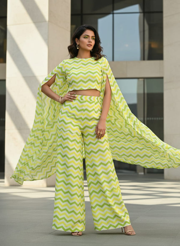 Endless Zigzag Pattern Digital Printed Fabric - Pure Chinon - Cape with Palazzo Lookbook - PC-0-TA08803-106 - alternate view