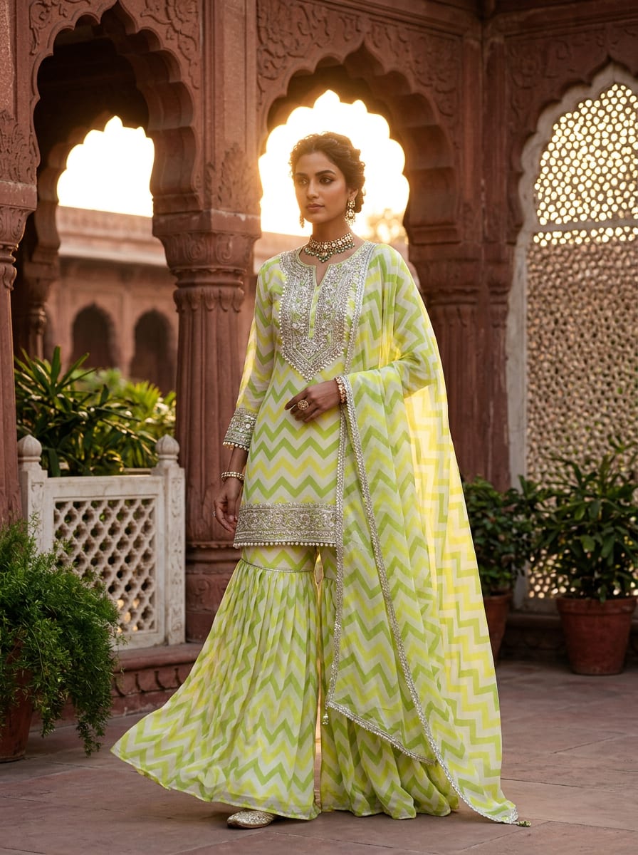 Multicolor Green and Yellow Chevron Stripe Pure Chiffon Digital Printed Fabric
