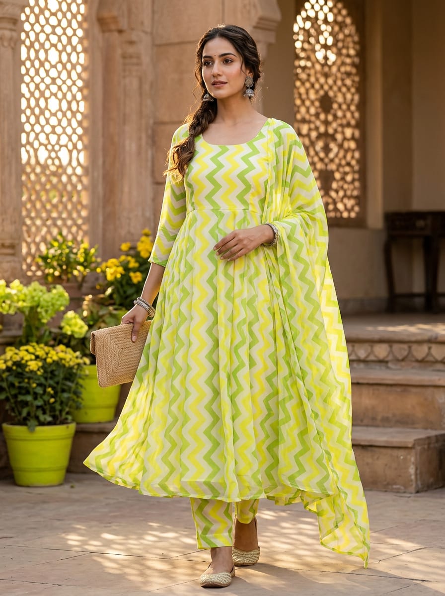 Multicolor Green and Yellow Chevron Stripe Pure Chiffon Digital Printed Fabric