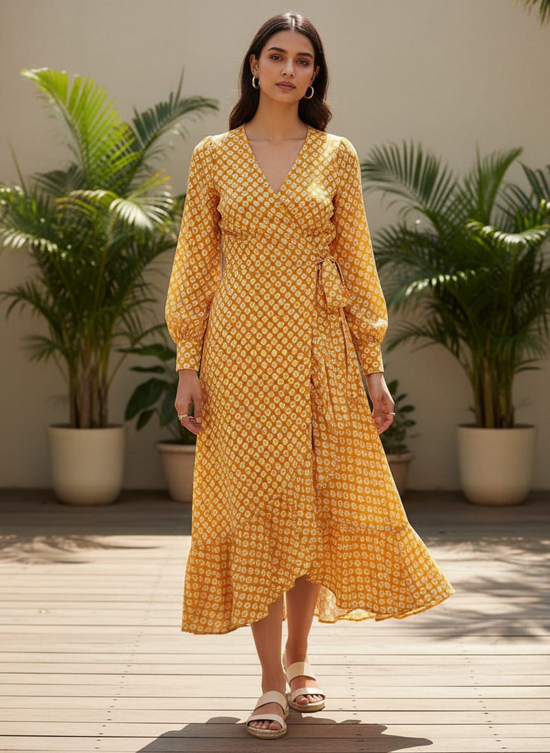 Yellow Ethnic Tie-Dye Dot Pattern Weightless Digital Printed Fabric
