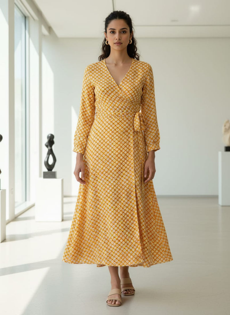 Yellow Ethnic Tie-Dye Dot Pattern Silk Crepe Digital Printed Fabric