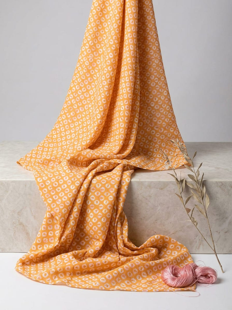 Yellow Ethnic Tie-Dye Dot Pattern Pure Muslin Digital Printed Fabric