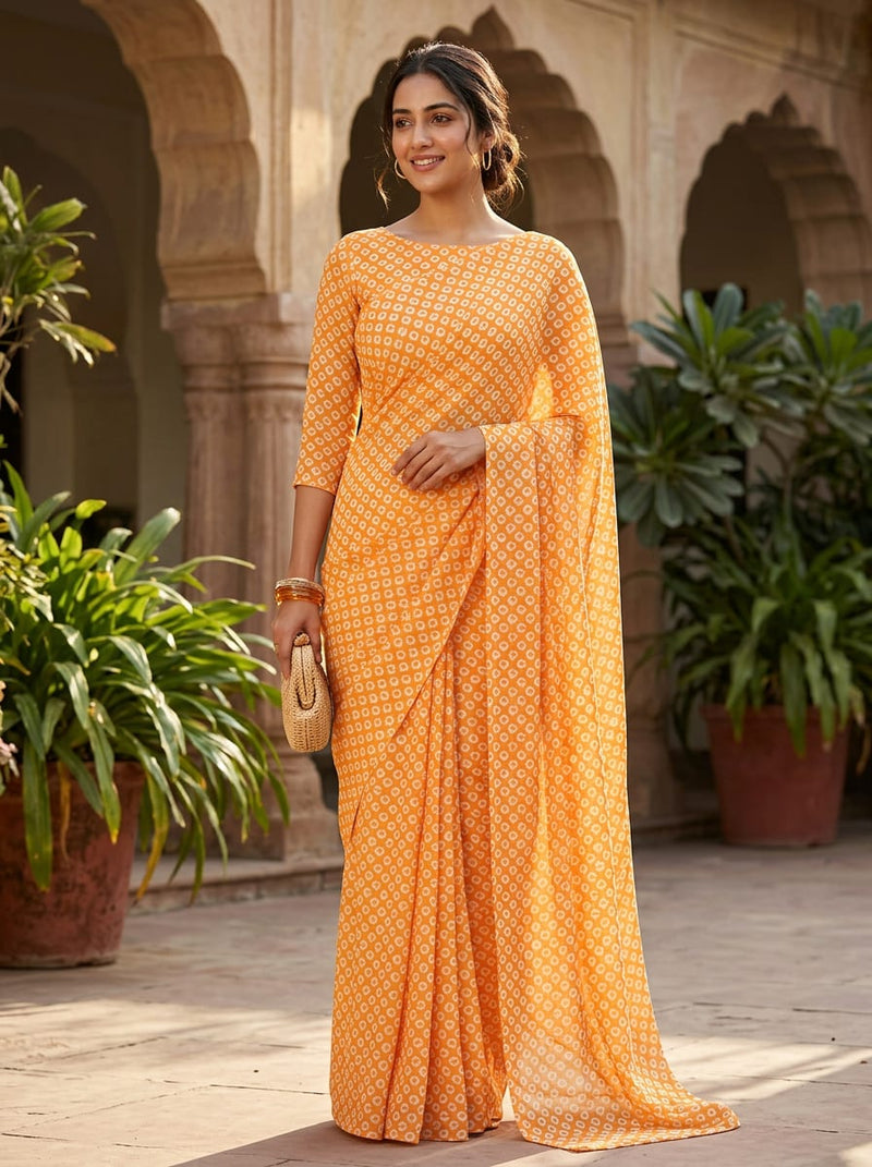 Yellow Ethnic Tie-Dye Inspired Pattern Pure Georgette Digital Printed Fabric