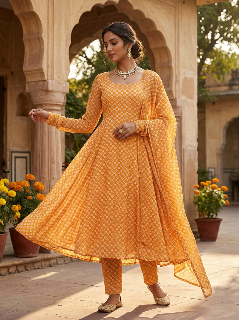 Yellow Ethnic Tie-Dye Inspired Pattern Pure Georgette Digital Printed Fabric