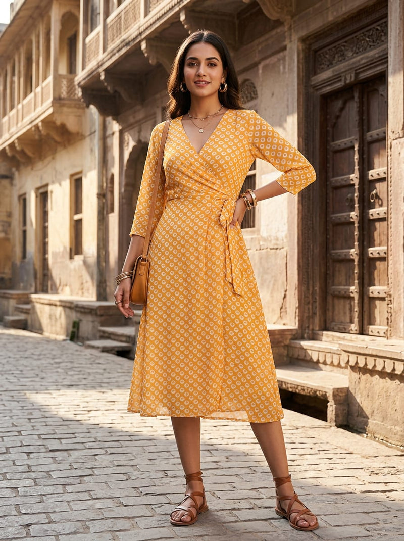 Yellow Ethnic Tie-Dye Inspired Pattern Pure Georgette Digital Printed Fabric
