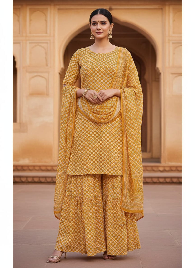 Yellow Ethnic Tie-Dye Inspired Pattern Pure Georgette Digital Printed Fabric