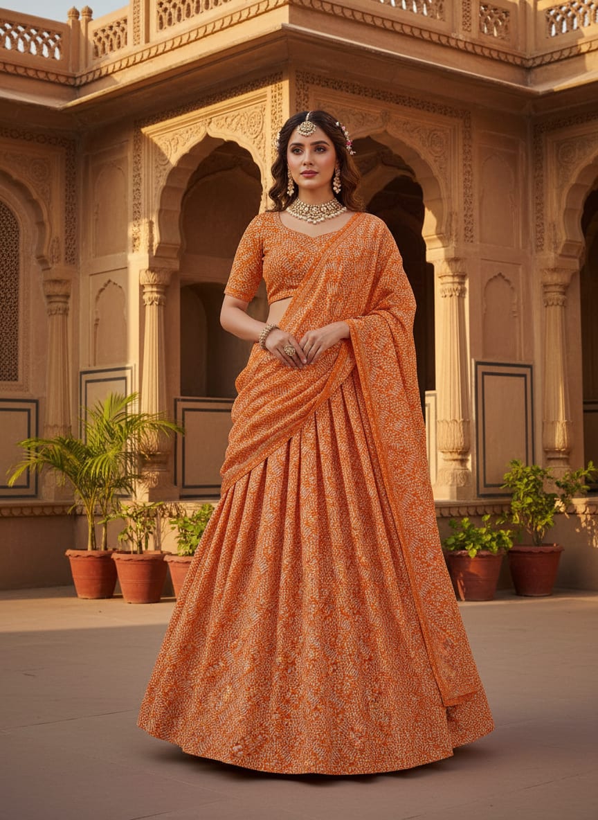 Orange Abstract Dotted Geometric Kora Silk Digital Printed Fabric