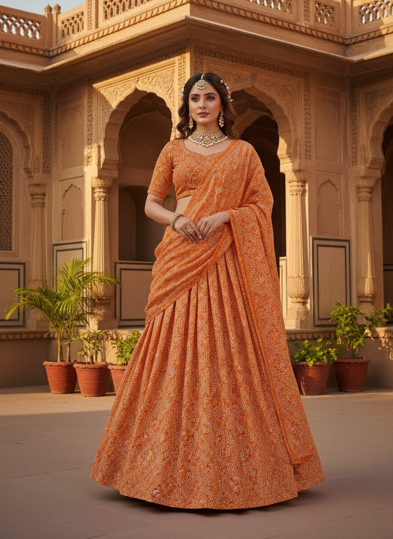 Orange Abstract Dotted Geometric Kora Silk Digital Printed Fabric