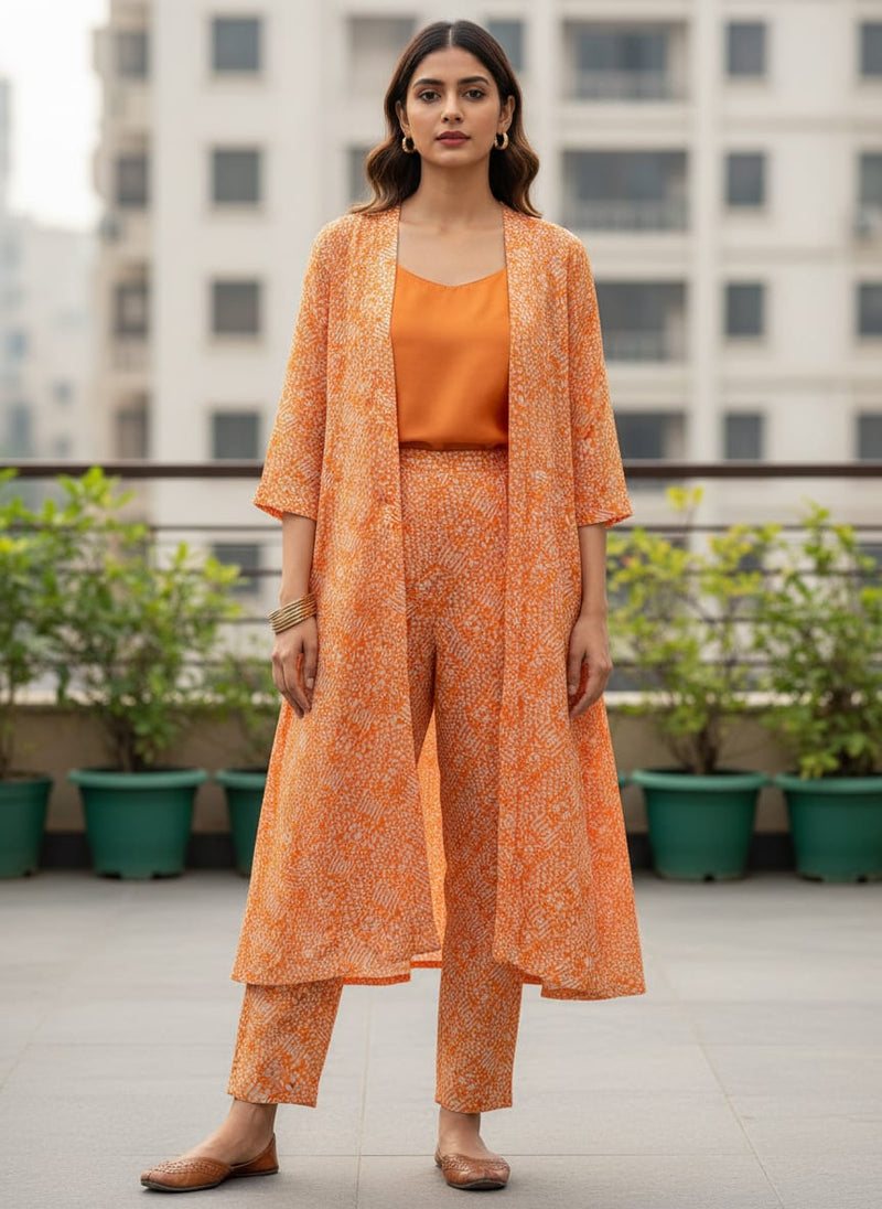 Orange Abstract Dotted Geometric Kora Silk Digital Printed Fabric
