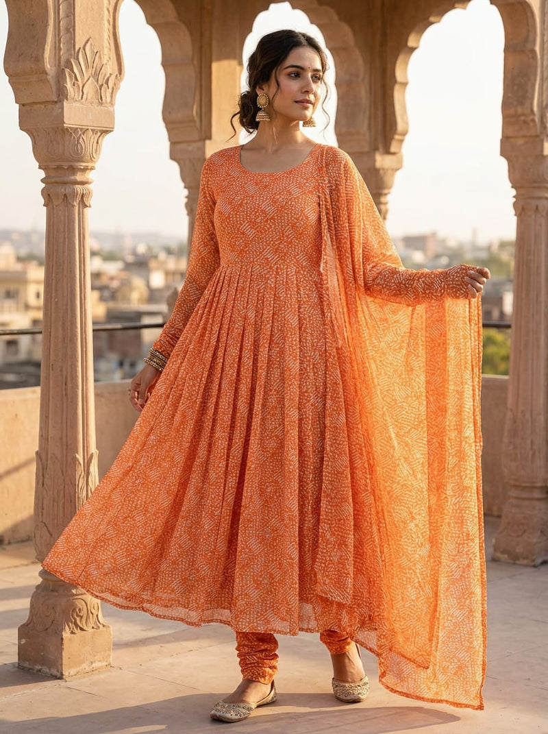 Orange Abstract Dotted Pattern Pure Georgette Digital Printed Fabric