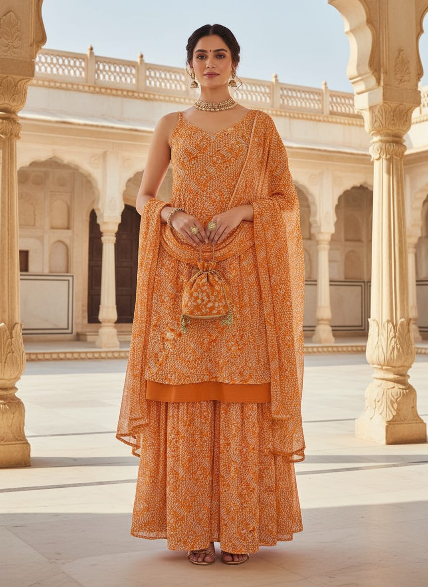 Orange Abstract Dotted Pattern Pure Chiffon Digital Printed Fabric
