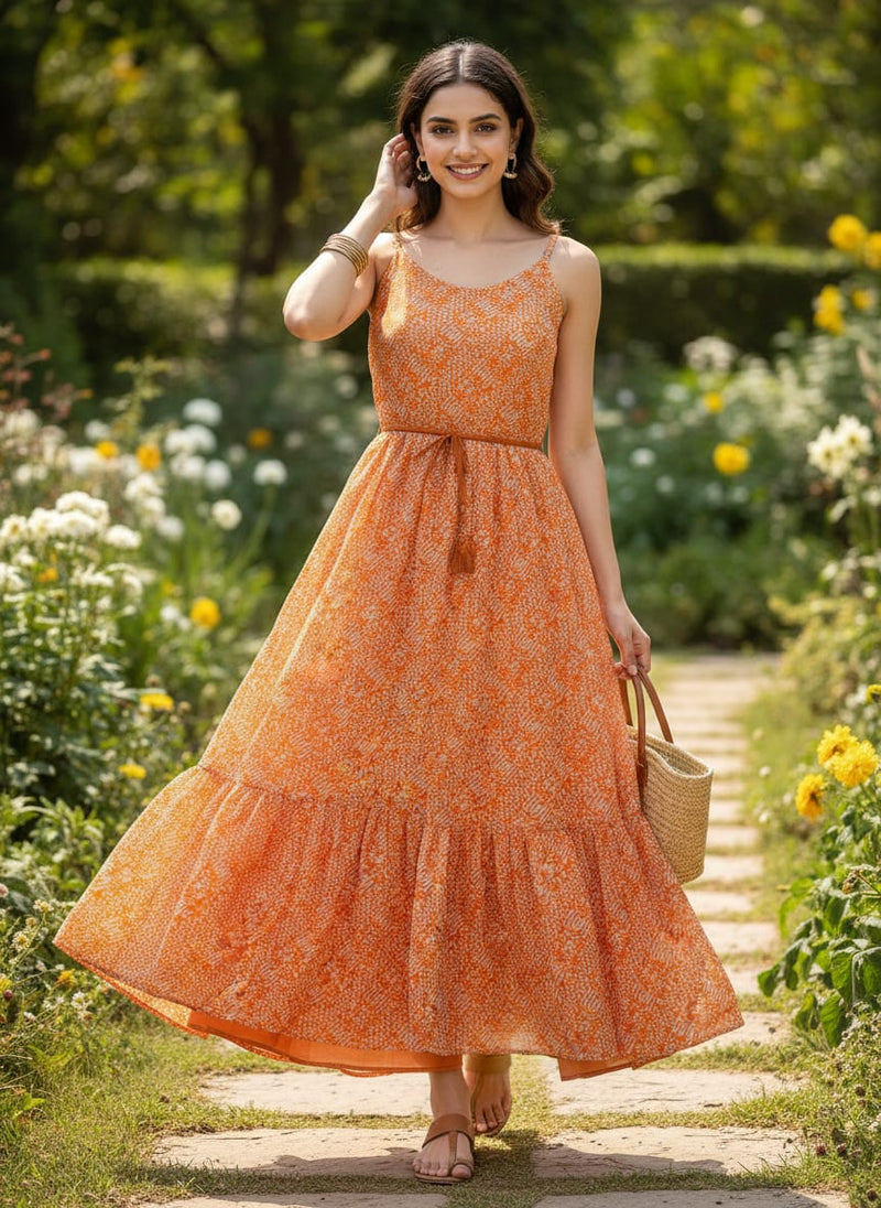 Orange Abstract Dotted Pattern Pure Chiffon Digital Printed Fabric