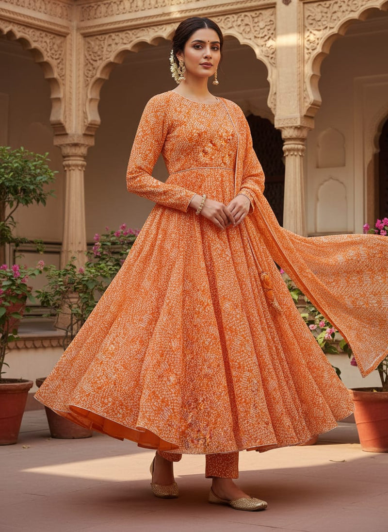 Orange Abstract Dotted Pattern Pure Chiffon Digital Printed Fabric