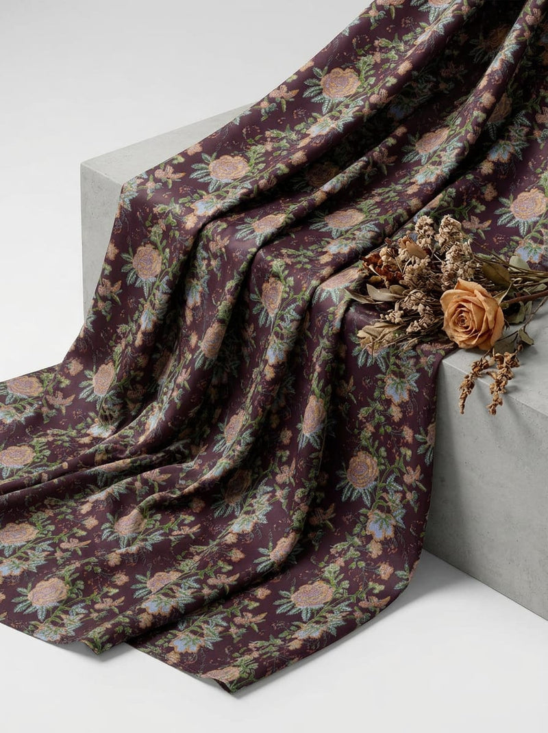 Maroon Vintage Botanical Floral Print Japan Satin Digital Printed Fabric