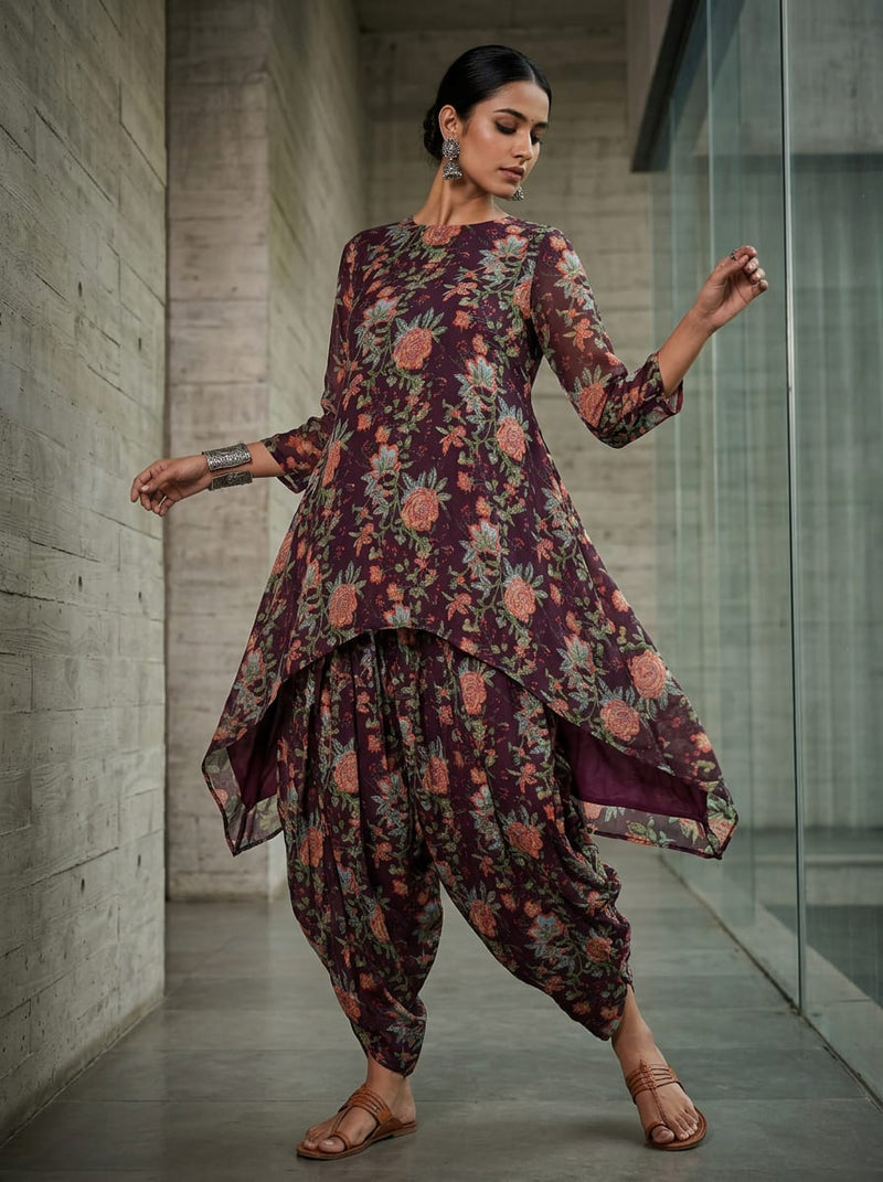 Maroon Ethnic Botanical Floral Print Pure Muslin Digital Printed Fabric