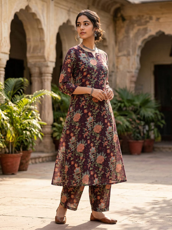 Maroon Ethnic Botanical Floral Print Pure Muslin Digital Printed Fabric - A-Line Kurta with Salwar Lookbook - PM-0-TA08806-110 - alternate view
