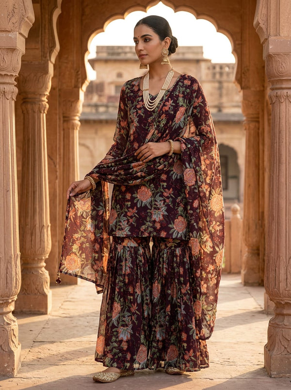 Maroon Ethnic Floral Jaal Pure Georgette Digital Printed Fabric - Gharara Set Lookbook - PG-0-TA08806-110 - alternate view