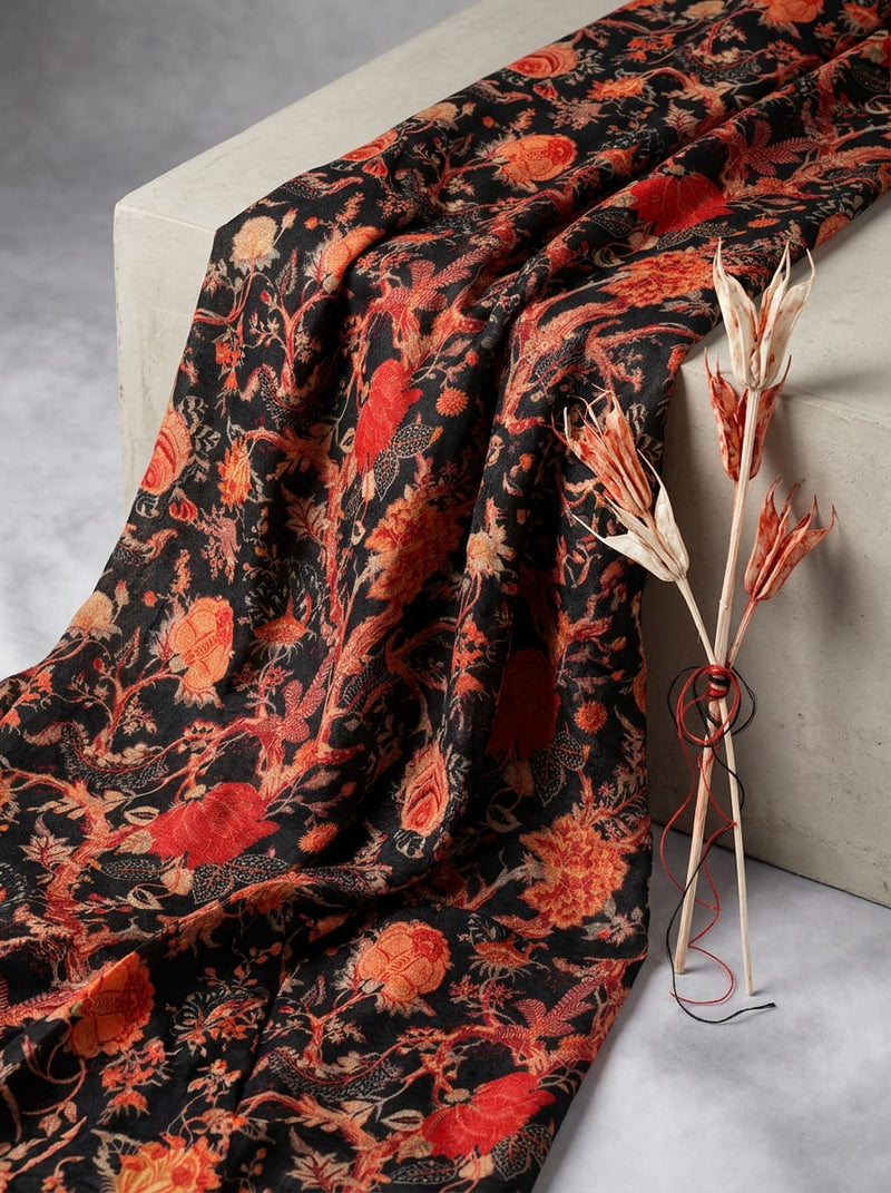 Black Intricate Red and Orange Floral Vine Pure Muslin Digital Printed Fabric