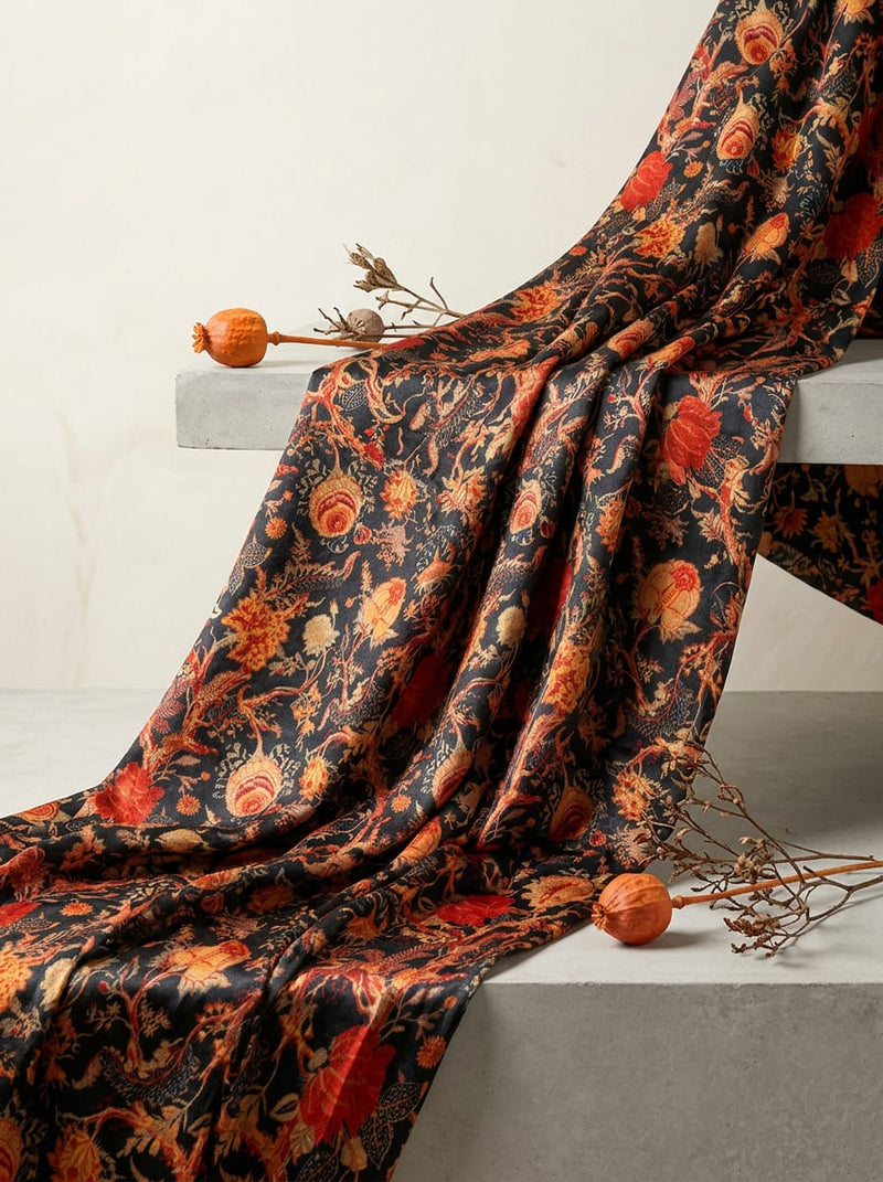 Black Royal Tapestry Floral Upada Silk Digital Printed Fabric