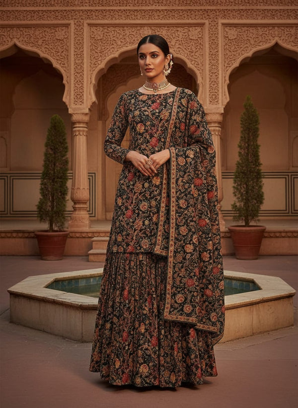 Japanese Chinoiserie Natural Digital Printed Fabric - Pure Georgette - Gharara Set Lookbook - PG-0-TA08826-110 - alternate view