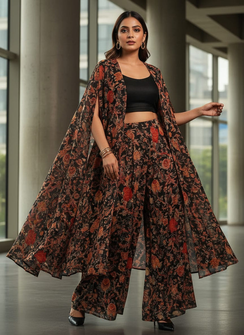 Black Intricate Ethnic Floral Vine Pure Chinon Digital Printed Fabric