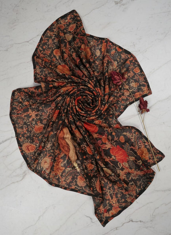Black Intricate Ethnic Floral Vine Pure Chinon Digital Printed Fabric - Fabric Editorial Studio Flatlay Lookbook - PC-0-TA08826-106
