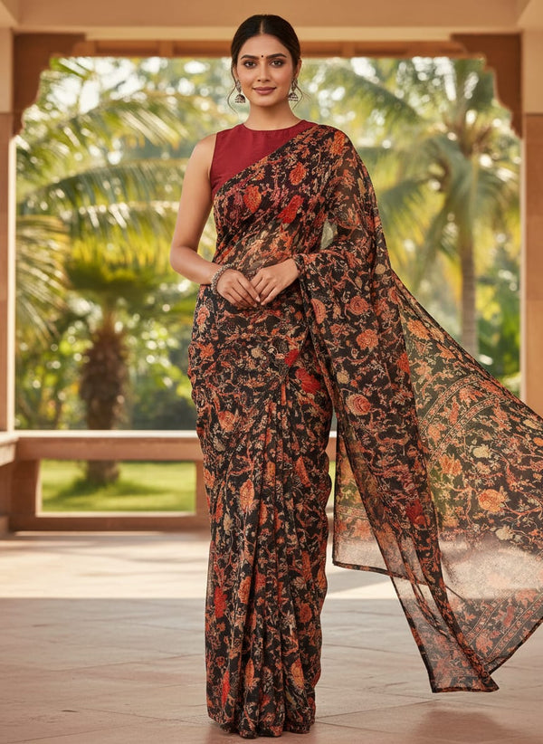 Black Intricate Ethnic Floral Vine Pure Chinon Digital Printed Fabric - Saree Lookbook - PC-0-TA08826-106 - alternate view