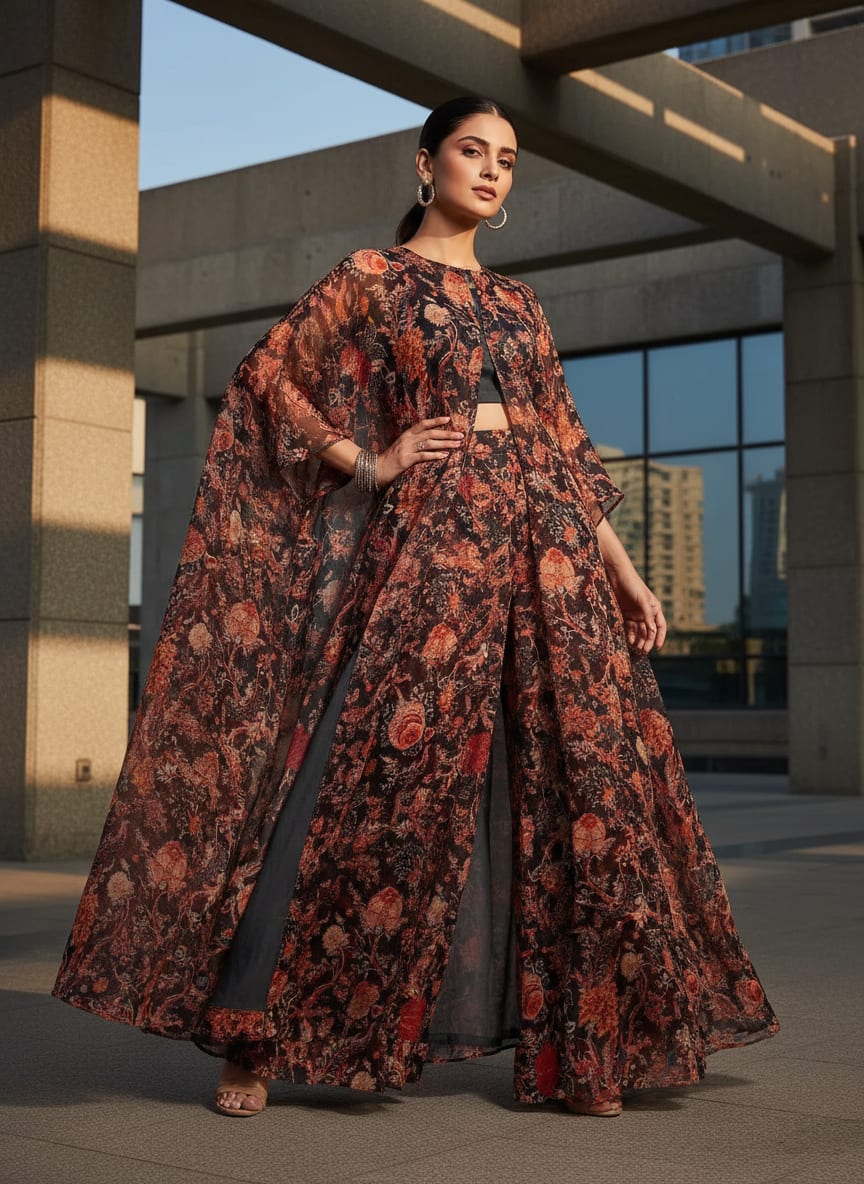 Black Vintage Red Floral Jaal Pure Chiffon Digital Printed Fabric