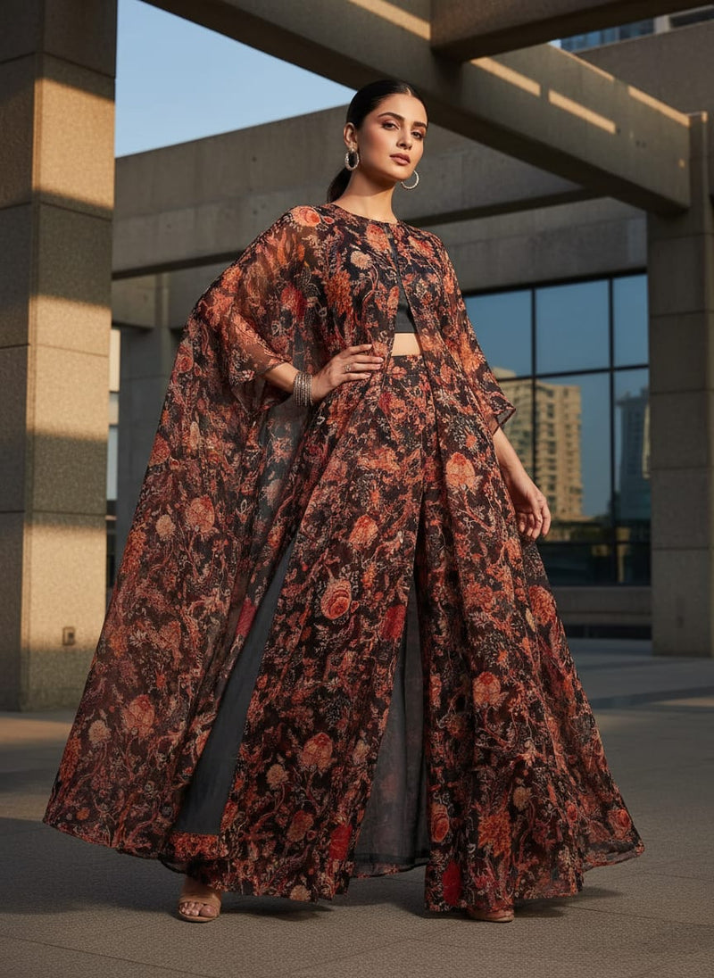Black Vintage Red Floral Jaal Pure Chiffon Digital Printed Fabric