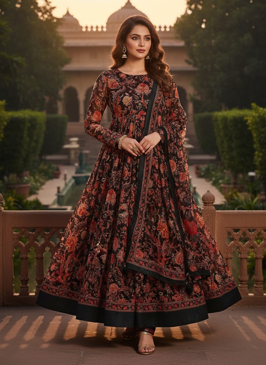 Black Vintage Red Floral Jaal Pure Chiffon Digital Printed Fabric
