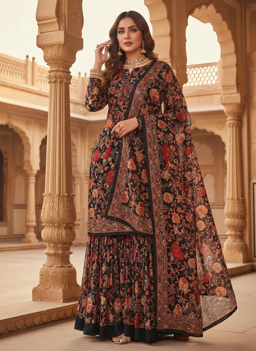 Black Vintage Red Floral Jaal Pure Chiffon Digital Printed Fabric