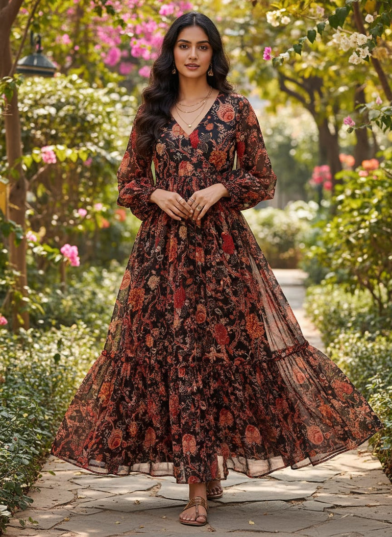 Black Vintage Red Floral Jaal Pure Chiffon Digital Printed Fabric