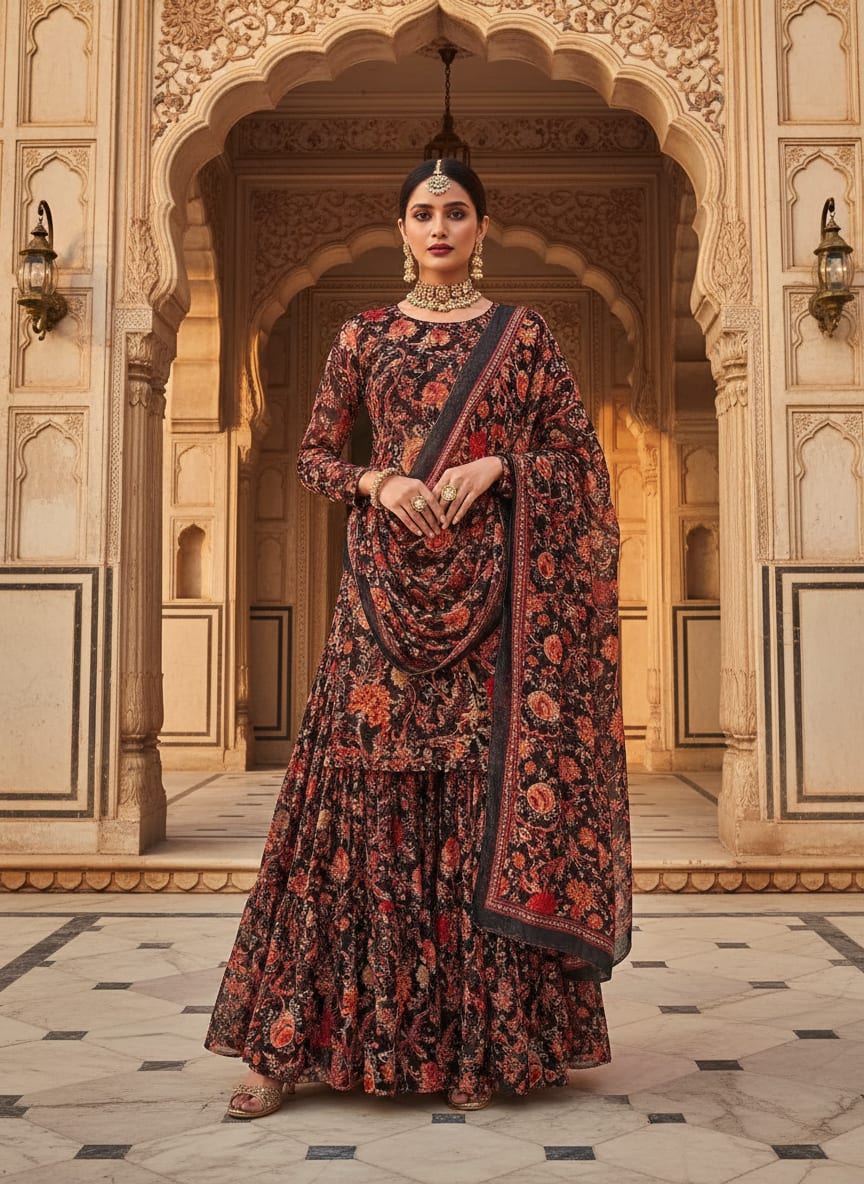 Black Vintage Red Floral Jaal Pure Chiffon Digital Printed Fabric