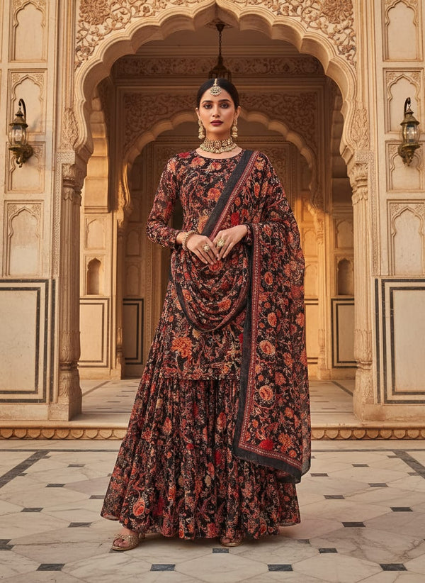 Black Vintage Red Floral Jaal Pure Chiffon Digital Printed Fabric - Gharara Set Lookbook - PCH-0-TA08826-96 - alternate view