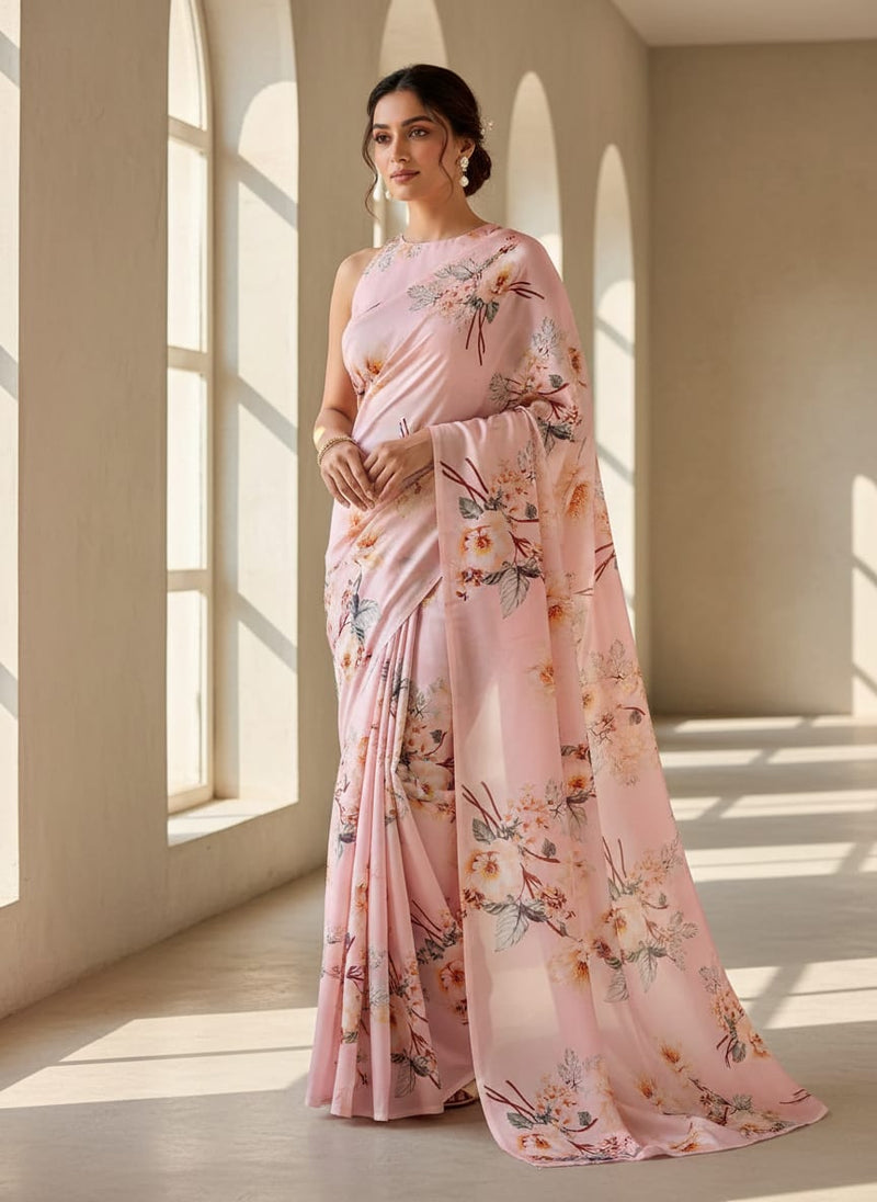 Camellia With Watusi Colour Digital Printed Fabric - Japan Satin