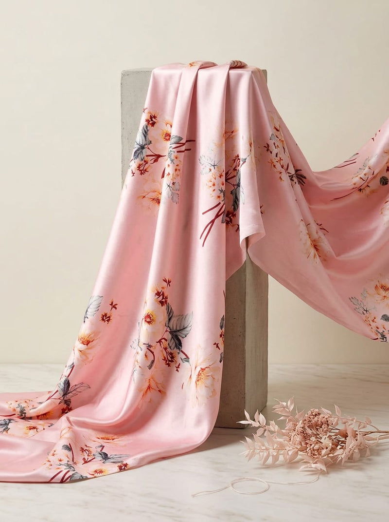 Pink Soft Peony Floral Print Japan Satin Digital Printed Fabric