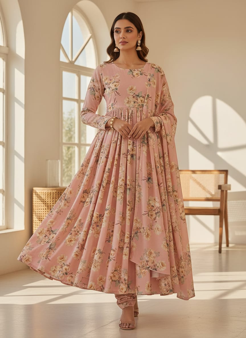 Pink Vintage Floral Bouquets Silk Crepe Digital Printed Fabric