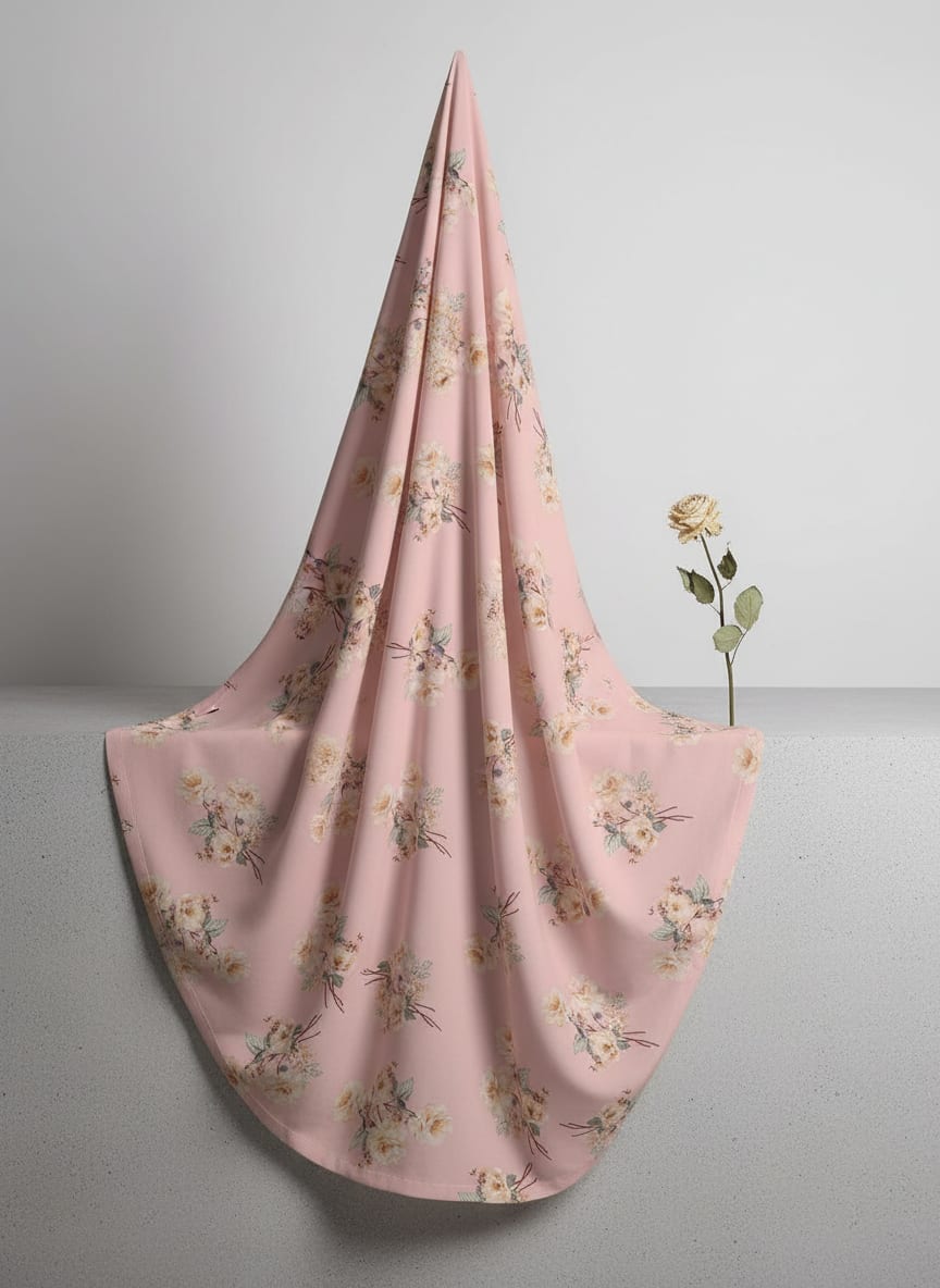 Pink Vintage Floral Bouquets Silk Crepe Digital Printed Fabric