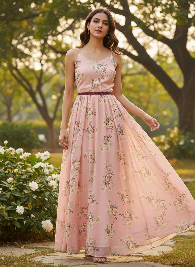 Camellia With Watusi Colour Digital Printed Fabric - Pure Georgette