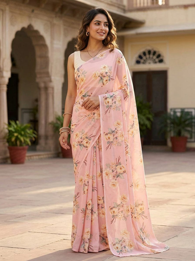 Pink Creamy Floral Bouquet Pure Georgette Digital Printed Fabric