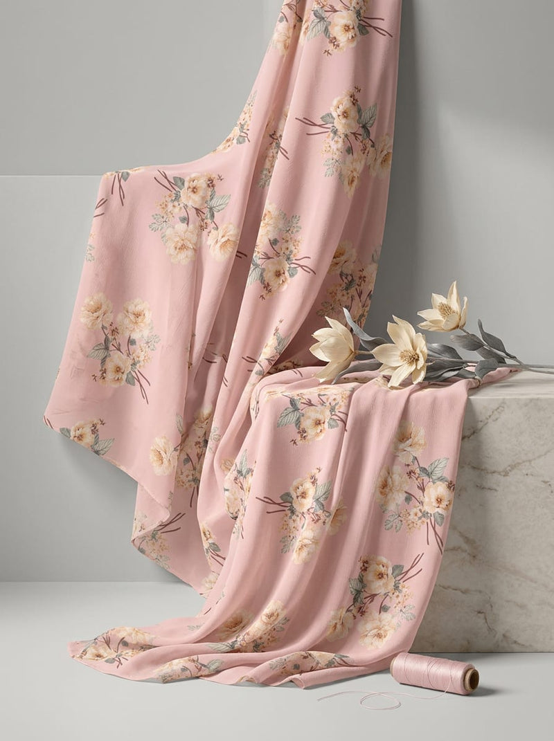 Pink Creamy Floral Bouquet Pure Georgette Digital Printed Fabric